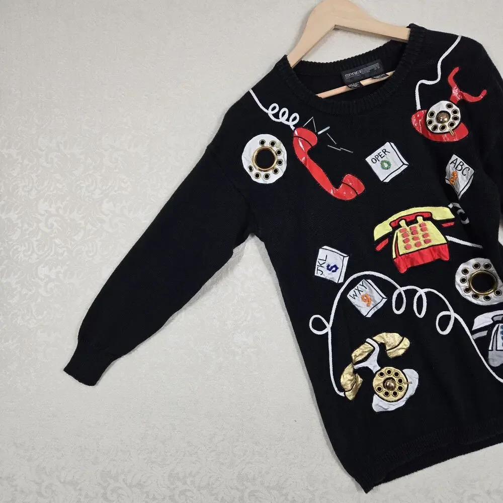 Vintage 90s Novelty Telephone Sweater M Black Graphic Knit Art Teacher